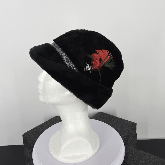 Vintage United Hatters Faux Fur Fedora Hat Black Small Ford Mustang Pin Feather main image 6